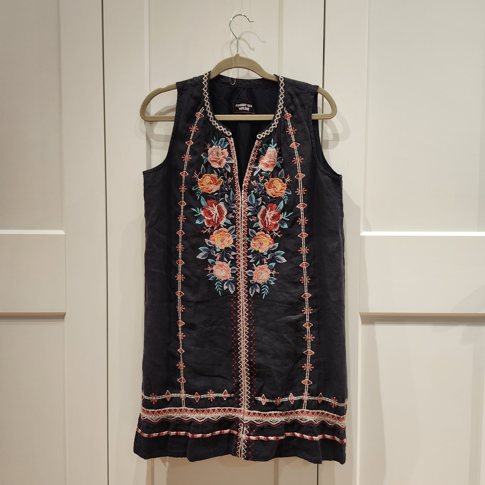 Johnny Was Black Midi Dress with Floral Embroidery